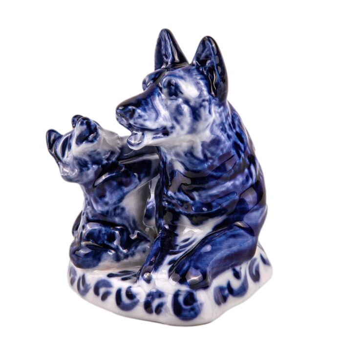 Shepherd Dog with a Puppy Figurine. Blue White Porcelain. Gzhel