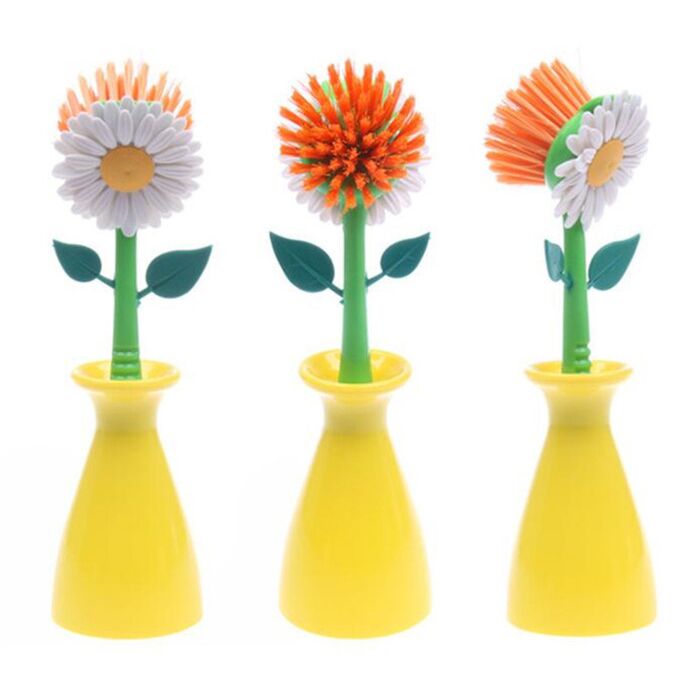 Decorative yellow dish brush flower-shaped from VIGAR 'Flower Power',  cleaning sponge, white background, - SuperStock