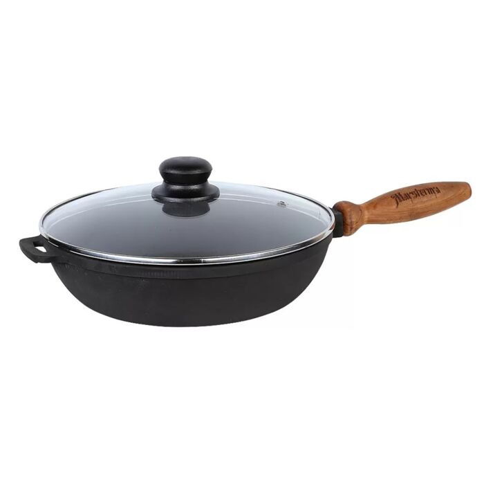 Cast Iron Frying Pan Brazier w/ Wooden Handle with Glass Lid - 11 x 2.4