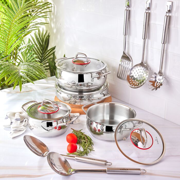 Karaca 3 Piece Stainless Steel Induction Teapot Set with Porcelain