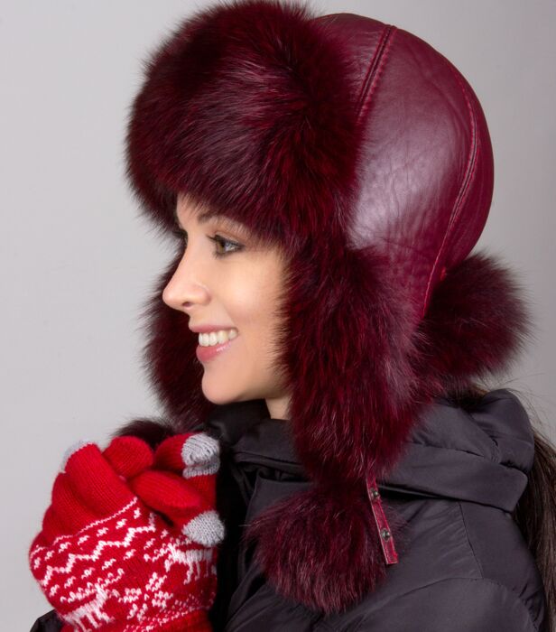 Women's Arctic Fox Fur and Leather Ushanka Hat in Burgundy