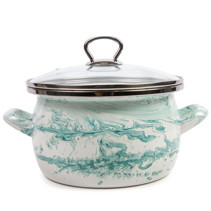 Shake White and Turquoise Enamelware Pot with a Glass Lid