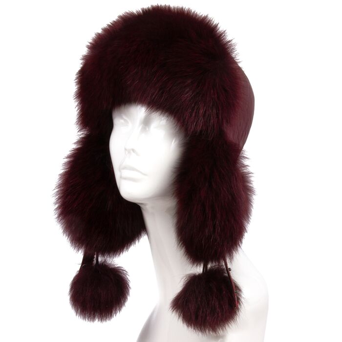 Women's Arctic Fox Fur and Leather Ushanka Hat in Burgundy