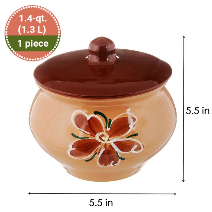 Beige Hand-Painted Clay Stoneware Baking Pot with Lid (0.5-Qt)