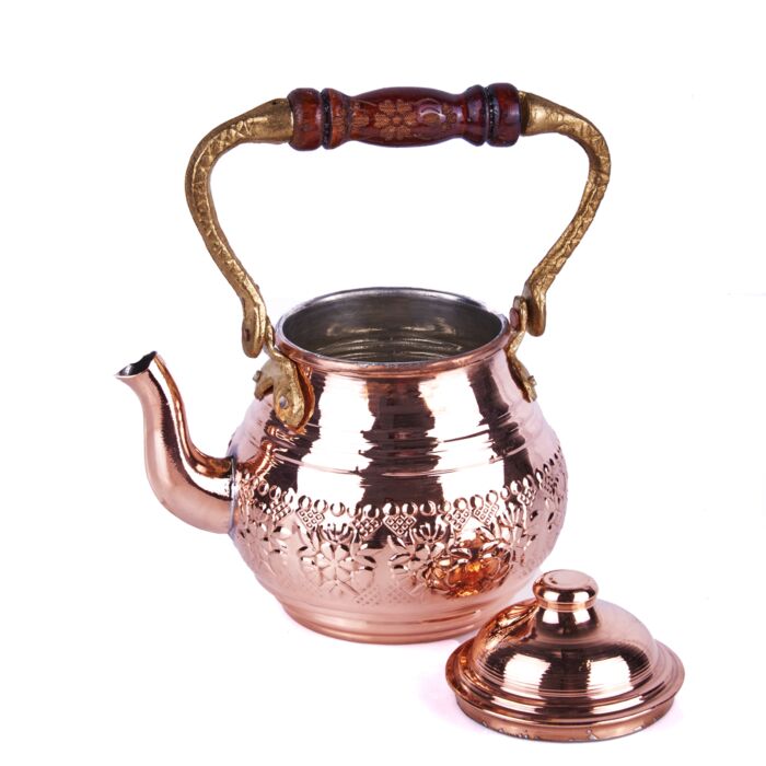 Traditional Turkish Copper Teapot With Wooden Handle, Copper