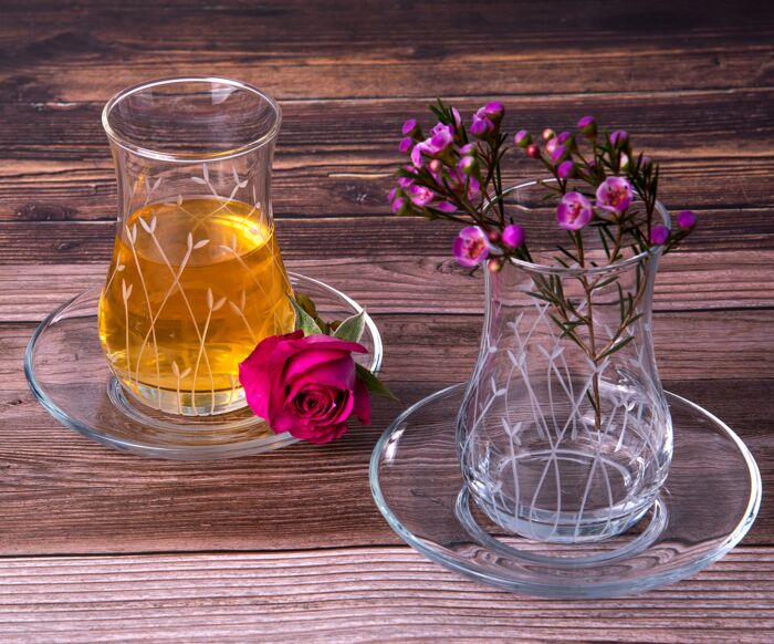 Turkish Tea Cup Set, Traditional Tea Glasses and Saucers Set, 4.5 oz, 6  Glasses and 6 Saucers.