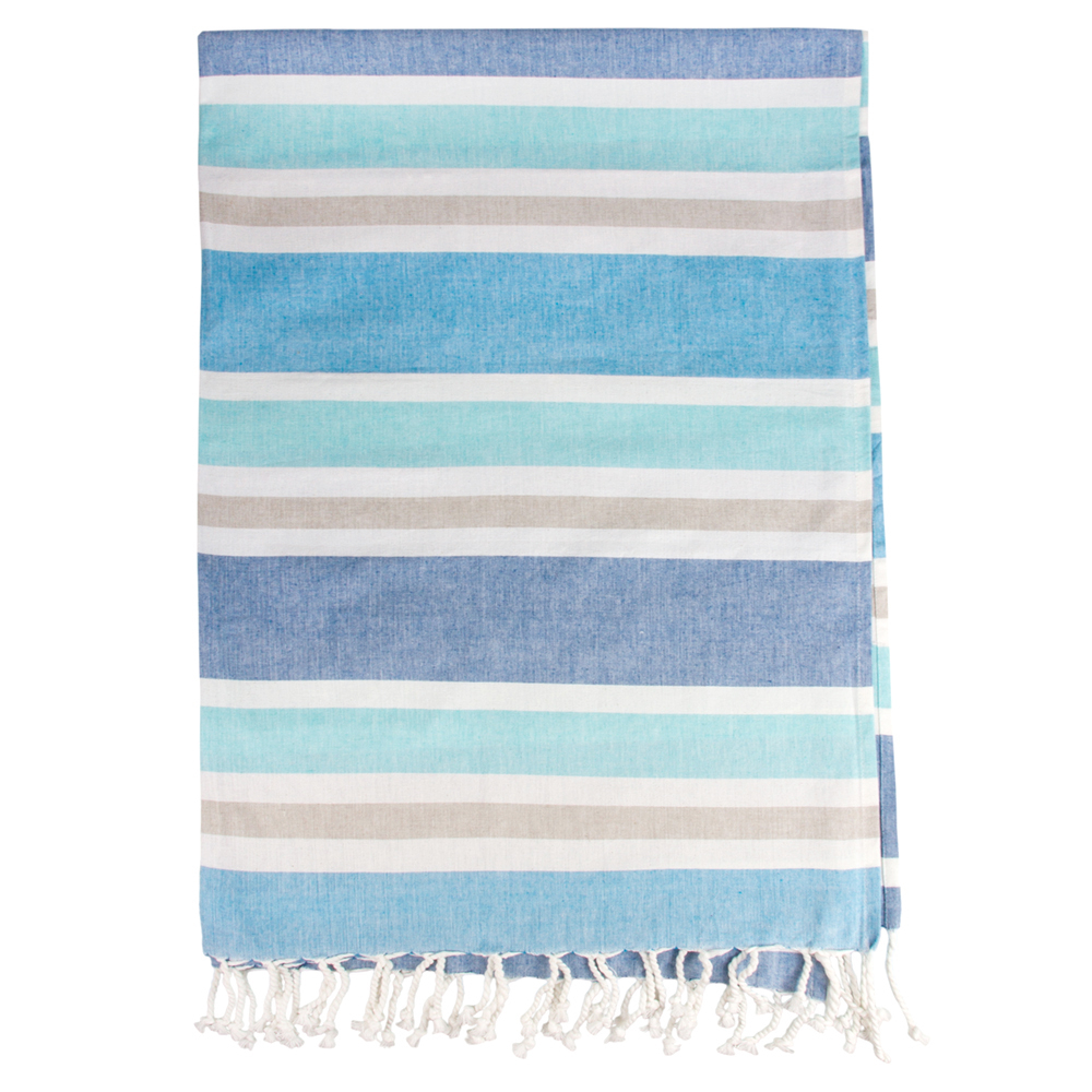 Blue-Gray Striped Woven Beach Towel with Fringe | Product sku J-182575